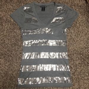 Gray and silver sequin striped top.